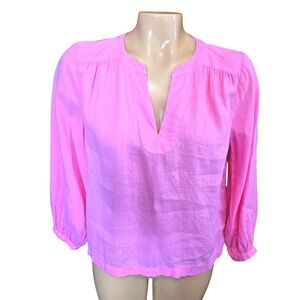 H by HALSTON Pink Linen V Neck Pintuck Long Sleeve Blouse Women's Size Small‎